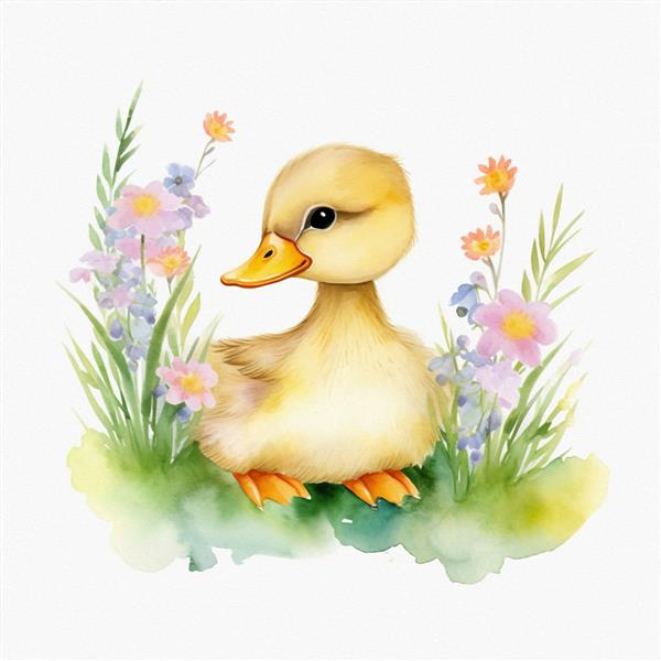 اردک بچه ناز در رنگ های پاستلی چمنی تصویر آبرنگ گل