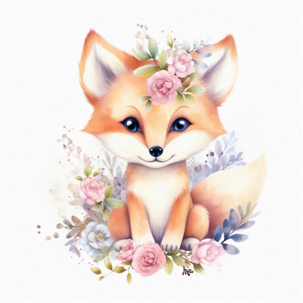 تصویر آبرنگ گلها با رنگ پاستلی بچه روباه ناز