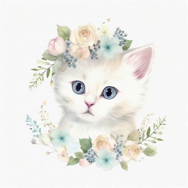 تصویر آبرنگ گل ها با رنگ های پاستلی گربه بچه ناز