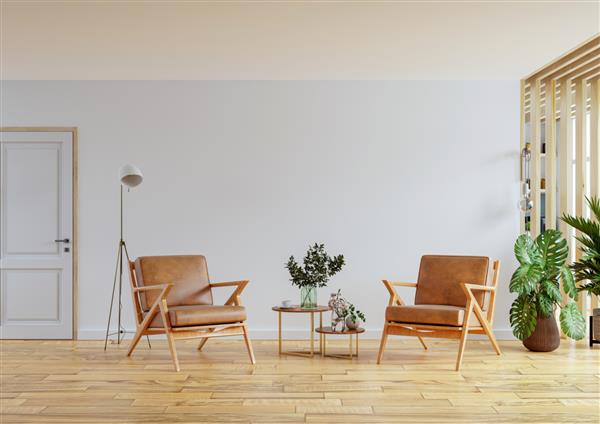 صندلی راحتی چرمی در فضای داخلی آپارتمان مدرن با دیوار خالی و میز چوبی رندر سه بعدی