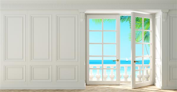 تصویر سه بعدی اتاق نشیمن با صفحات چوبی کلاسیک سفید و پنجره روی دریا