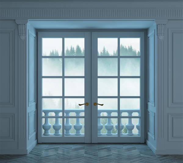 تصویر سه بعدی اتاق نشیمن با صفحات چوبی کلاسیک آبی و پنجره در زمستان