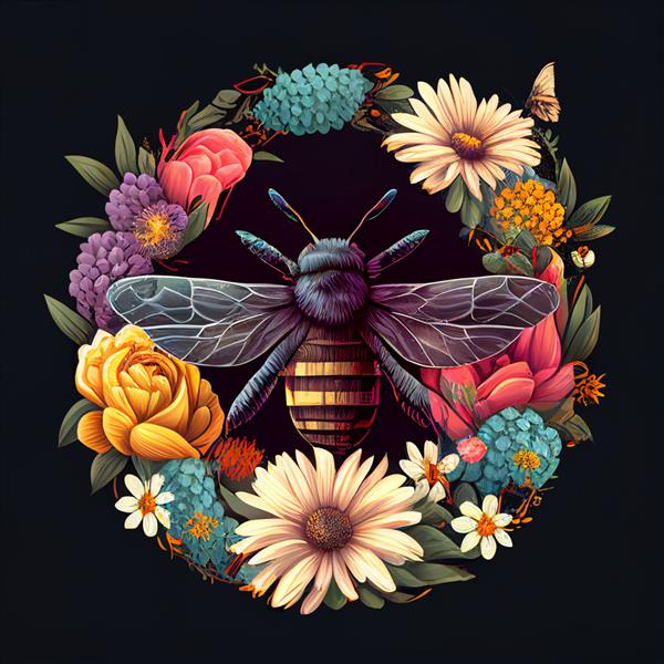 زنبور خلاق و گل در دایره قاب جدا شده