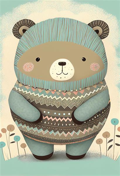 تصویر عامیانه خرس آبی در پوستر کودکان به سبک اسکاندیناوی