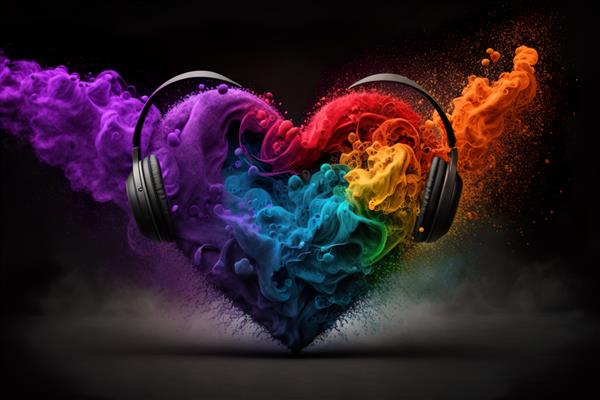 قلب رنگین کمان با هدفون شفابخش با موسیقی و مفهوم موسیقی درمانی