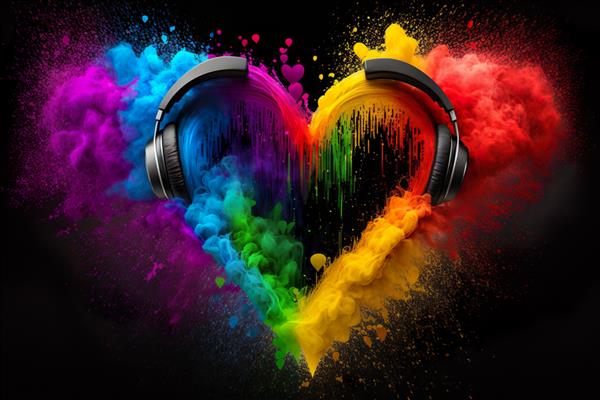 قلب رنگین کمان با هدفون شفابخش با موسیقی و مفهوم موسیقی درمانی