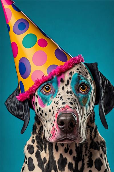 سگ ناز دالماسی که کلاه جشن تولدی به سر دارد