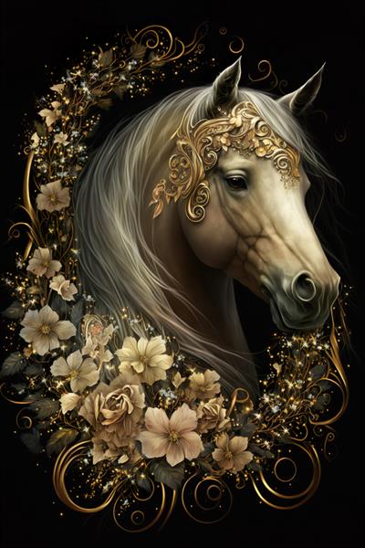 پرتره اسب طلایی سفید عربی با گل پوستر هنر دیجیتال لوکس ژنراتیو ai