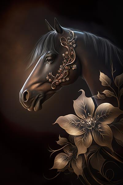 پرتره اسب قهوه‌ای عربی با گل‌ها پوستر هنری دیجیتالی لوکس مولد ai