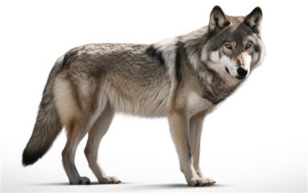 یک گرگ خاکستری از نزدیک جدا شده روی پس‌زمینه‌ای سفید از حیوانات جنگلی وحشی تولید شده است