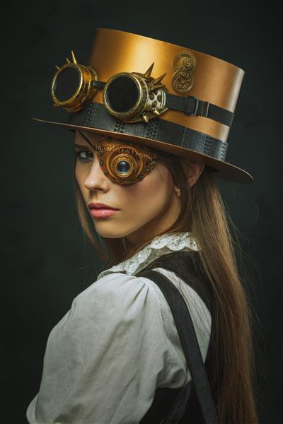 پرتره کلوزآپ یک زن زیبا با استیمپانک کلاه و کاپ چشم
