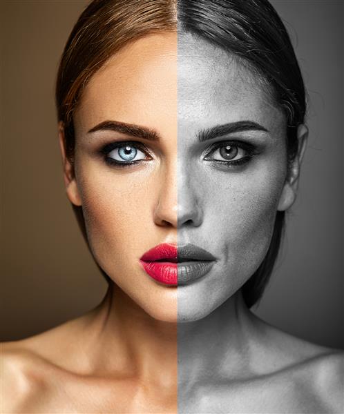 پرتره مدل زن زیبا قبل و بعد از روتوش