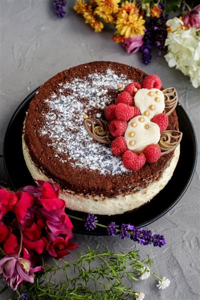 کیک خامه ای تمشک شکلاتی با گل در زمینه خاکستری