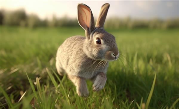 یک خرگوش ناز از طریق یک مزرعه علف تولید شده اجرا می شود