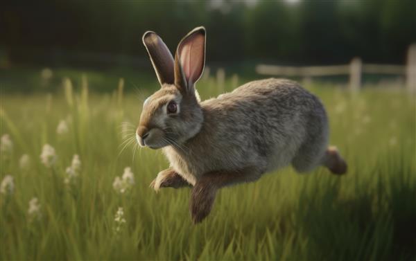 یک خرگوش ناز از طریق یک مزرعه علف تولید شده اجرا می شود