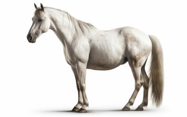 یک اسب سفید نزدیک جدا شده روی پس‌زمینه سفید حیوانات اهلی مزرعه دام تولید شده است