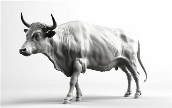 یک گاو نر فلزی روی پس‌زمینه‌ای سفید ایستاده است