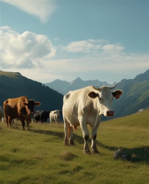 گاوها در پس زمینه کوه دام های اهلی مزرعه دام تولید می شوند