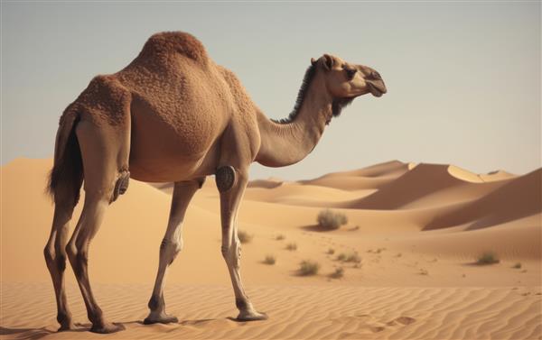 یک شتر نزدیک جدا شده در پس‌زمینه صحرا دام‌های اهلی تولید می‌شوند