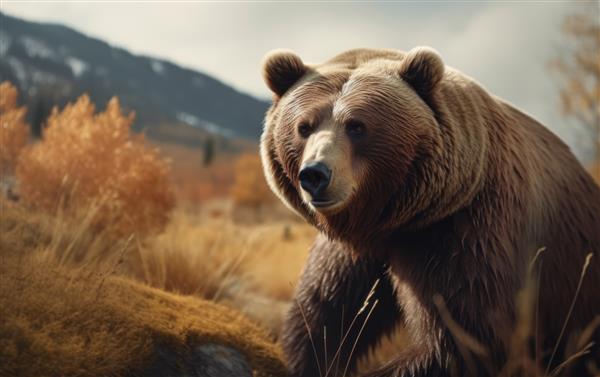 خرس قهوه ای نزدیک در پس زمینه طبیعی جنگل پستانداران حیوانات جنگل خرس گریزلی تولید شد