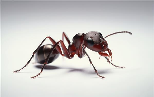 یک مورچه نزدیک جدا شده روی پس‌زمینه سفید با کمک مورچه‌های چوبی قرمز تولید شد