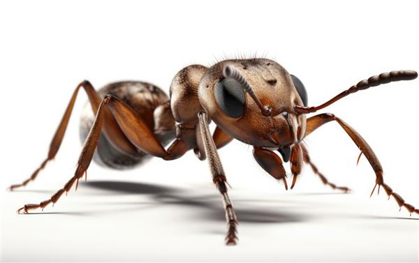 یک مورچه نزدیک جدا شده روی پس‌زمینه سفید با کمک مورچه‌های چوبی قرمز تولید شد