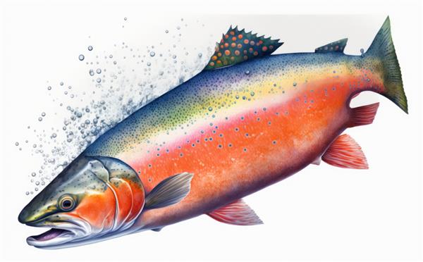 یک ماهی قزل آلا کشیده روی پس‌زمینه سفید تصاویری از غذاهای دریایی ارگانیک با آبرنگ ایجاد شد