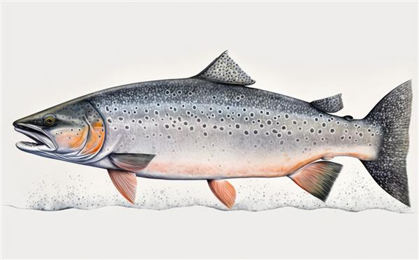 یک ماهی قزل آلا کشیده روی پس‌زمینه سفید تصاویری از غذاهای دریایی ارگانیک با آبرنگ ایجاد شد