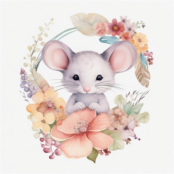 تصویر آبرنگ گل‌ها با رنگ‌های پاستلی موش کودک ناز