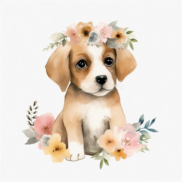 تصویر آبرنگ گل ها با رنگ پاستلی بچه سگ ناز