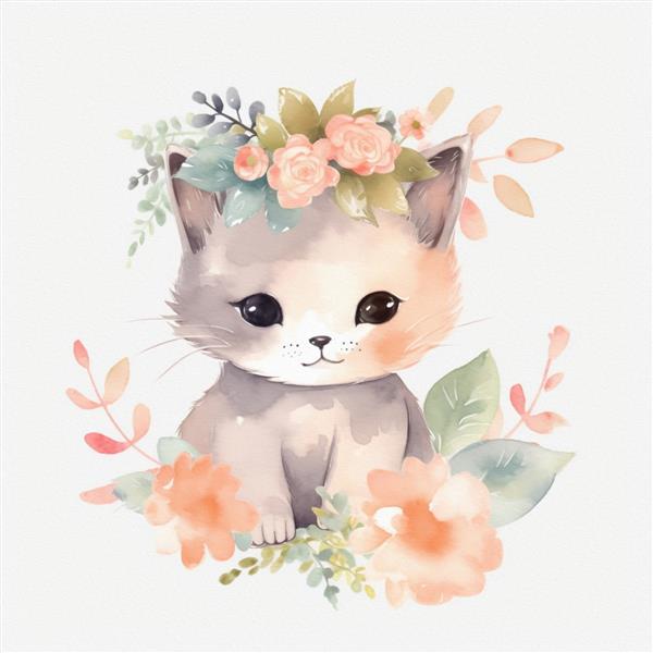 تصویر آبرنگ گل ها با رنگ های پاستلی گربه بچه ناز