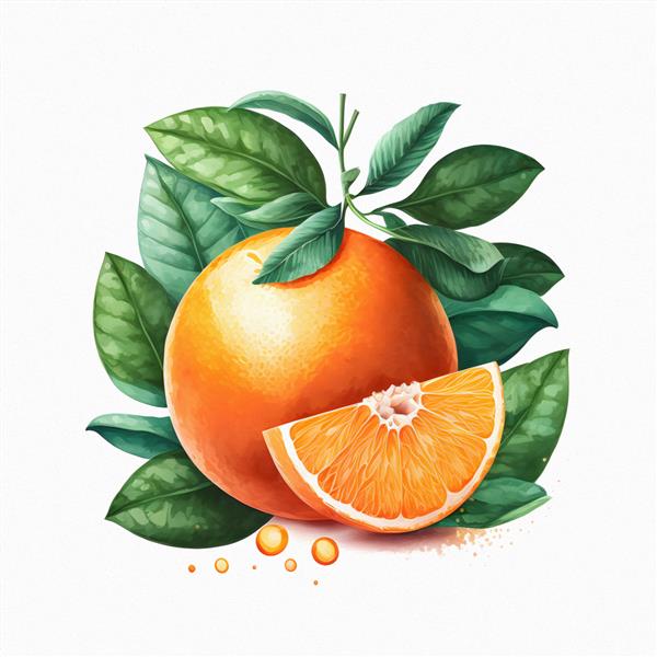پرتقال یک تصویر مرکبات رسیده از برش های پرتقال با برگ های سبز در زمینه سفید است تغذیه مناسب پرتقال میوه رسیده