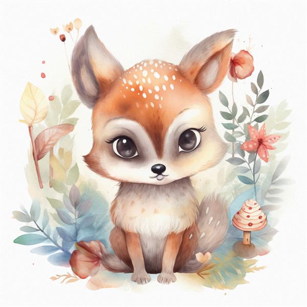 نقاشی آبرنگ روباه با قارچ در پس زمینه