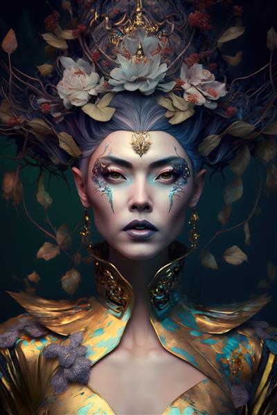 پرتره زیبایی یک زن الهه ملکه با گل به سبک گوتیک از شاهزاده خانم بهار آرایش رنگ روشن گلبرگ های گل صورت و چشم