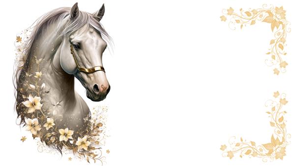 اسب سفید در قاب گیاه گلدار طلایی جدا شده بر روی پس‌زمینه سفید تصویر مولد