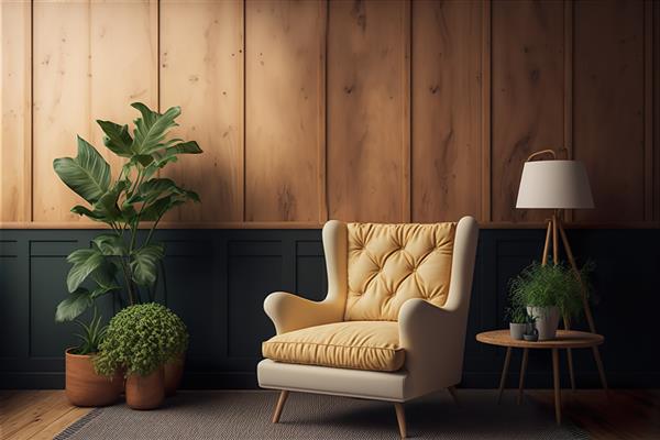 محیط داخلی چوبی اتاق نشیمن شیک با صندلی راحتی بژ مولد