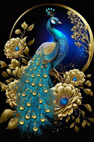 تصویر دیجیتالی گلهای طلایی طاووس پرنده آبی زیبا