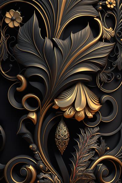 الگوی بدون درز پرنعمت گل مشکی و طلایی به سبک شرقی تصویر Ai