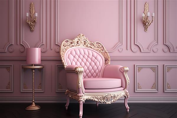 صندلی راحتی صورتی با عناصر طلایی طراحی داخلی اتاق نشیمن باروک