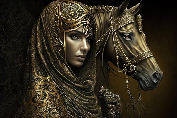 تصویر زن زیبای عرب و اسب زن مسلمان لوکس هنر دیجیتال