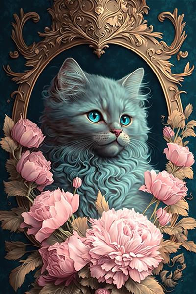 گربه ناز با گل های رز به سبک rococo مولد ai