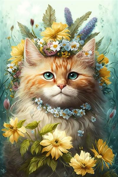 گربه کوچولوی ناز با گل های سبک روکوکو ژنراتیو ai