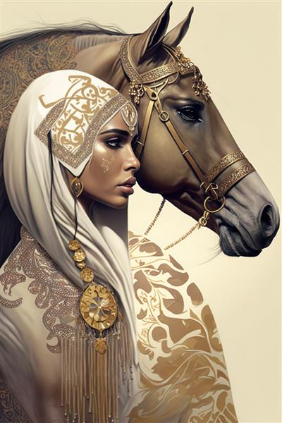 تصویر زن زیبای عرب و اسب زن مسلمان لوکس هنر دیجیتال