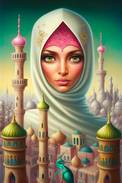 پرتره زیبای زن حجاب عربی شهر اسلامی لوکس هنر دیجیتال زن مسلمان