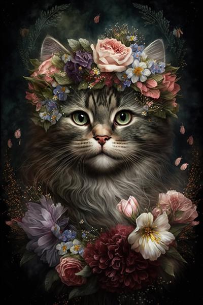 گربه کوچولوی ناز با گل های سبک روکوکو ژنراتیو ai