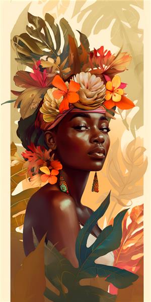 پرتره زن آفریقایی آمریکایی زیبا با پانورامای جلد پوستر انتزاعی گل