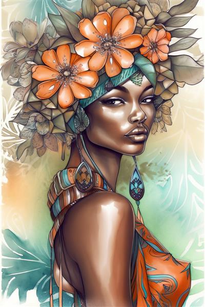 پرتره زن آفریقایی آمریکایی زیبا همراه با کتاب رنگ آمیزی جلد پوستر گل
