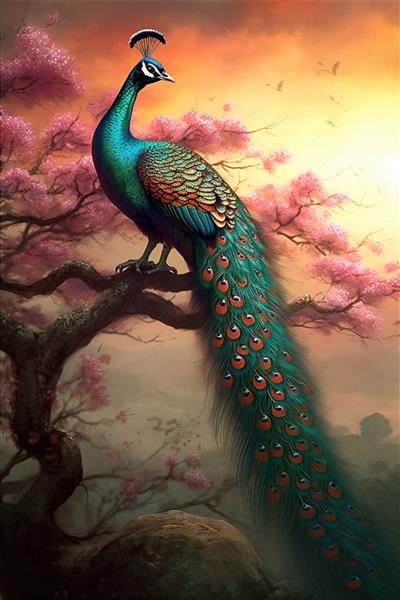 پوستر طاووس زیبا در دنیای فانتزی