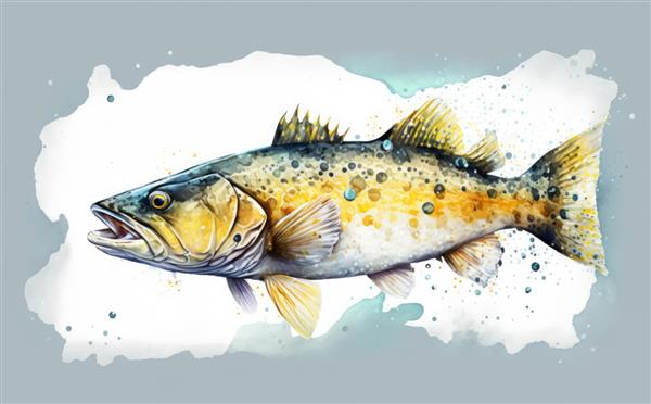 یک ماهی کاد کشیده روی پس‌زمینه سفید تصاویری از غذاهای دریایی ارگانیک با آبرنگ ایجاد شده است