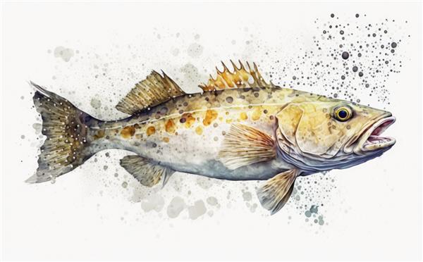 یک ماهی کاد کشیده روی پس‌زمینه سفید تصاویری از غذاهای دریایی ارگانیک با آبرنگ ایجاد شده است